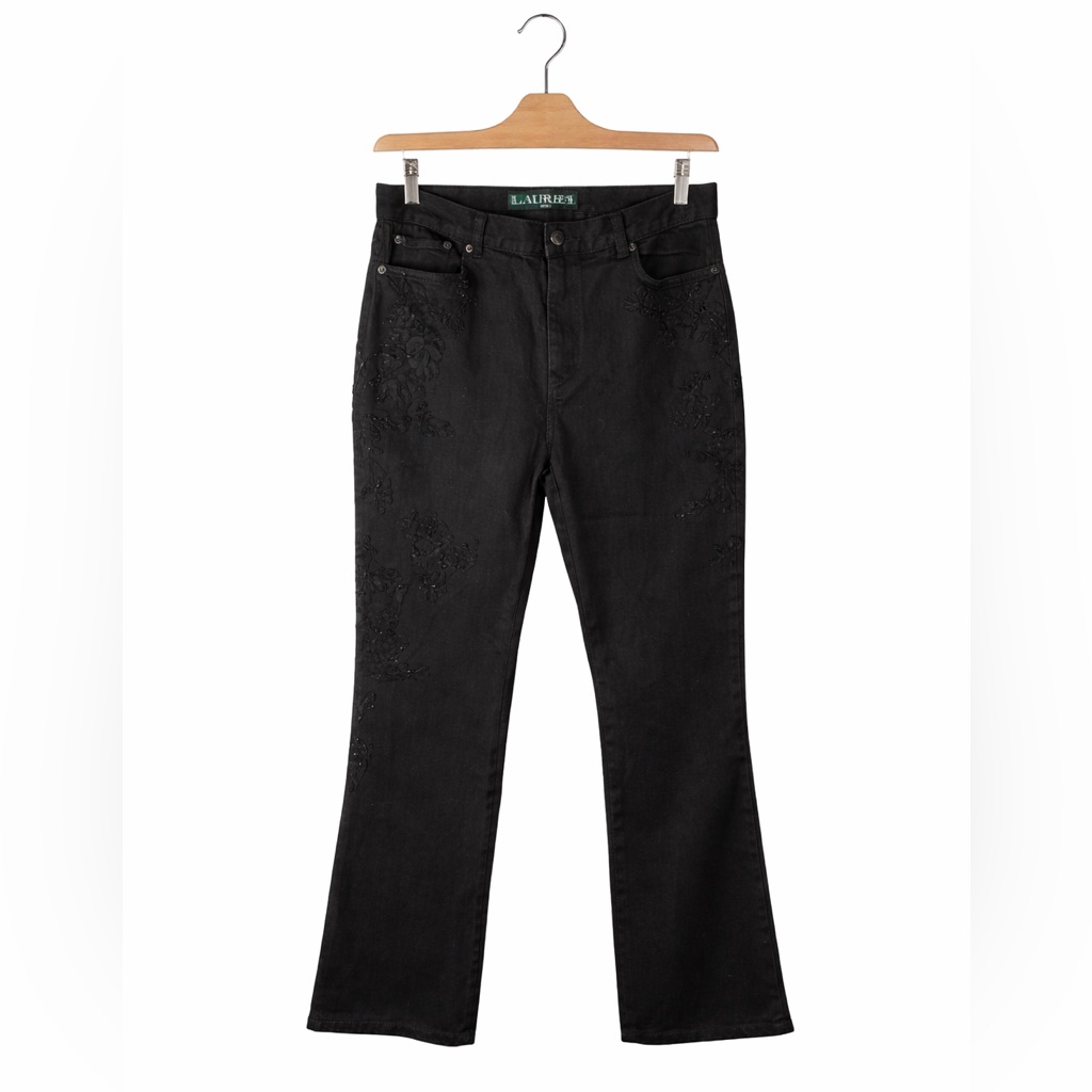 Lauren Ralph Lauren Black Embroidered Jeans Size 10 Straight Leg Classic Chic